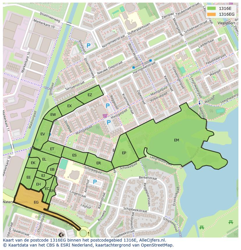 Afbeelding van het postcodegebied 1316 EG op de kaart.