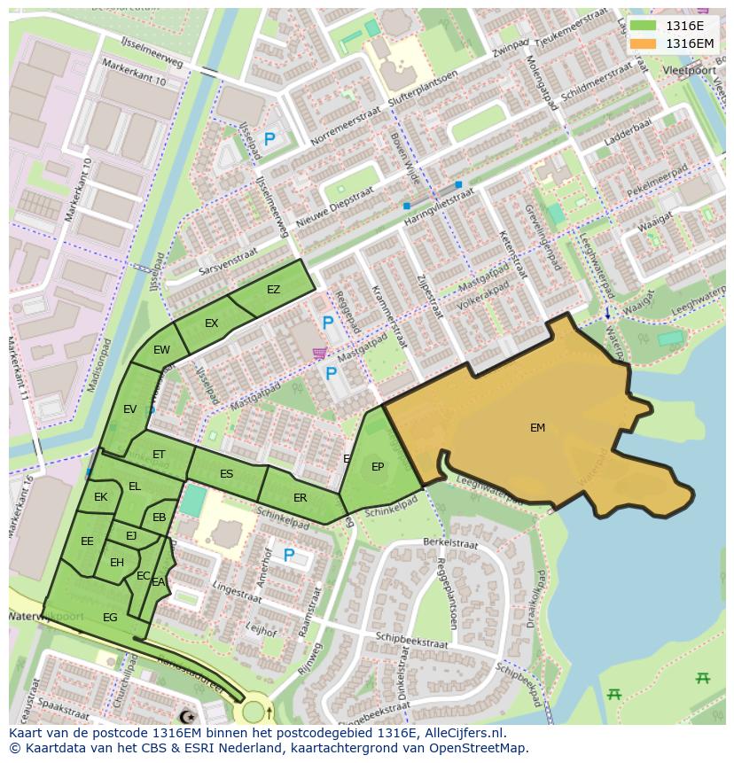 Afbeelding van het postcodegebied 1316 EM op de kaart.