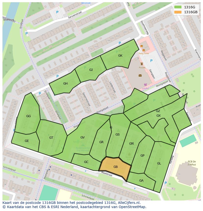 Afbeelding van het postcodegebied 1316 GB op de kaart.