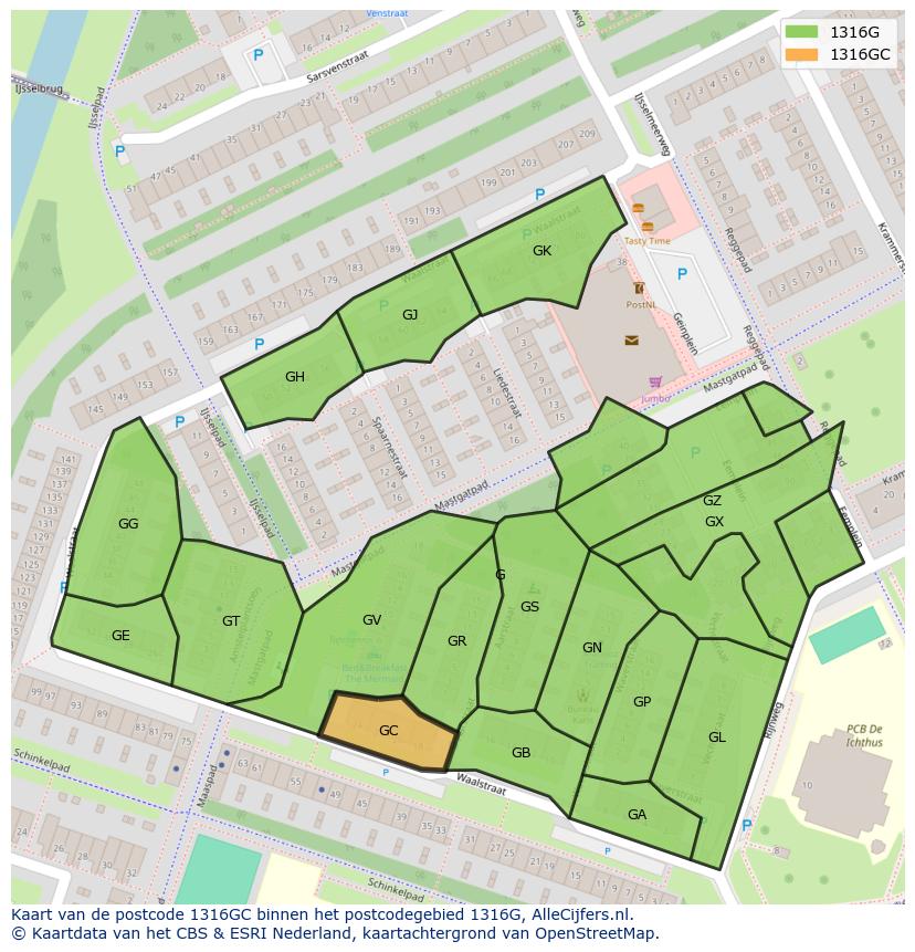 Afbeelding van het postcodegebied 1316 GC op de kaart.