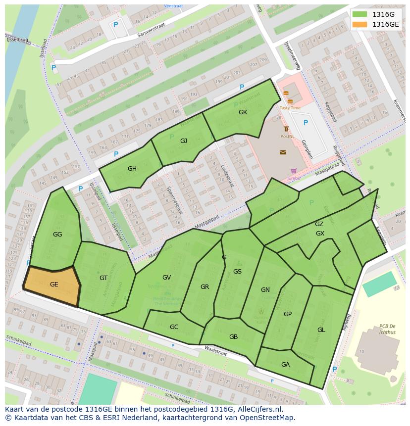 Afbeelding van het postcodegebied 1316 GE op de kaart.
