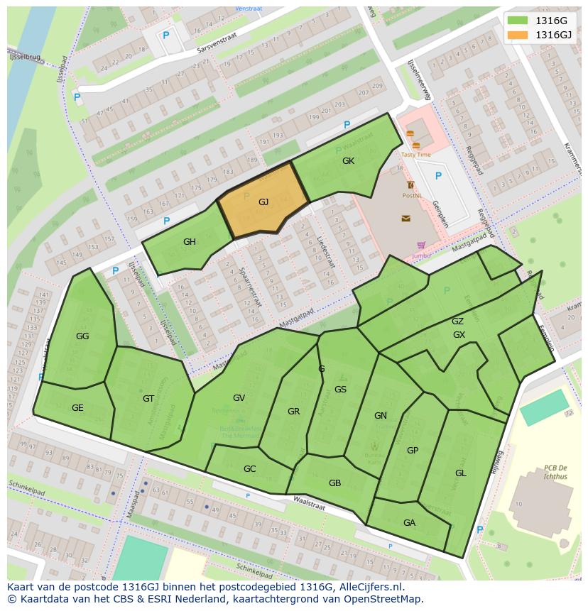 Afbeelding van het postcodegebied 1316 GJ op de kaart.