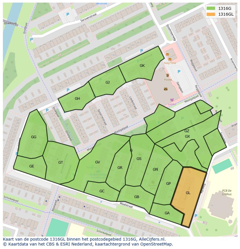 Afbeelding van het postcodegebied 1316 GL op de kaart.