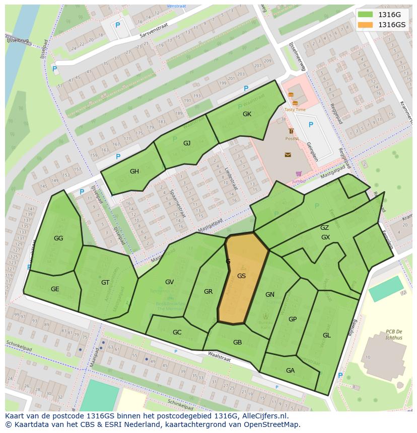 Afbeelding van het postcodegebied 1316 GS op de kaart.