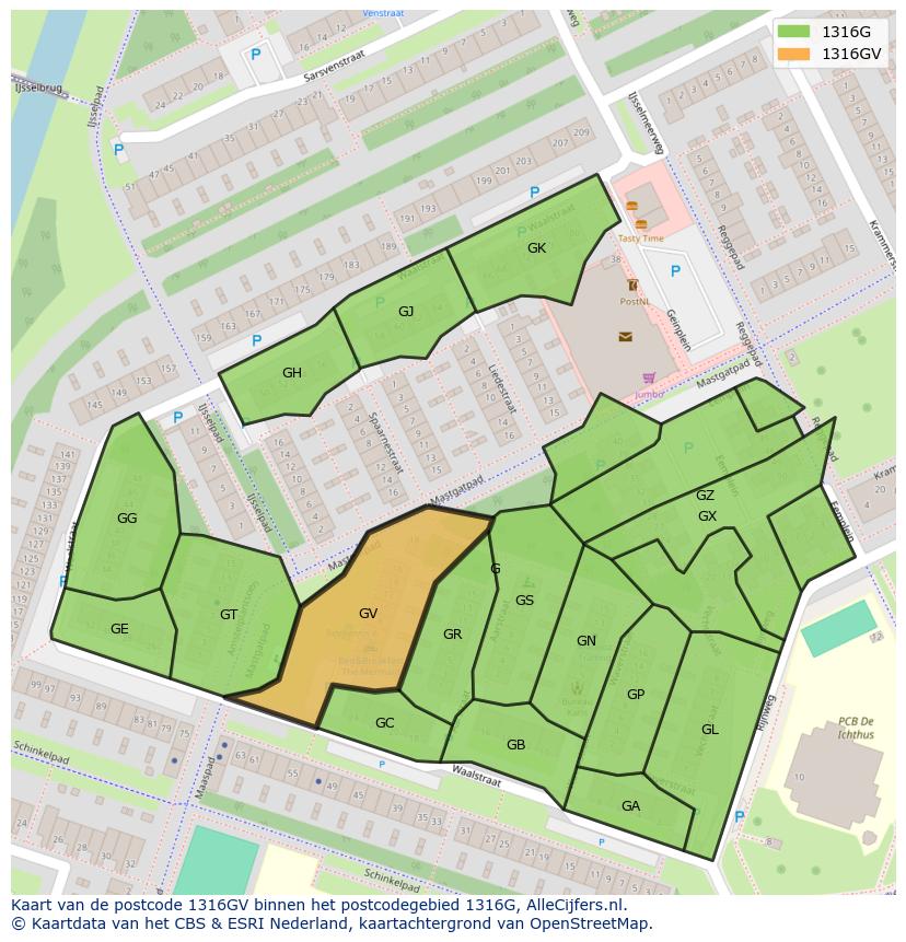 Afbeelding van het postcodegebied 1316 GV op de kaart.