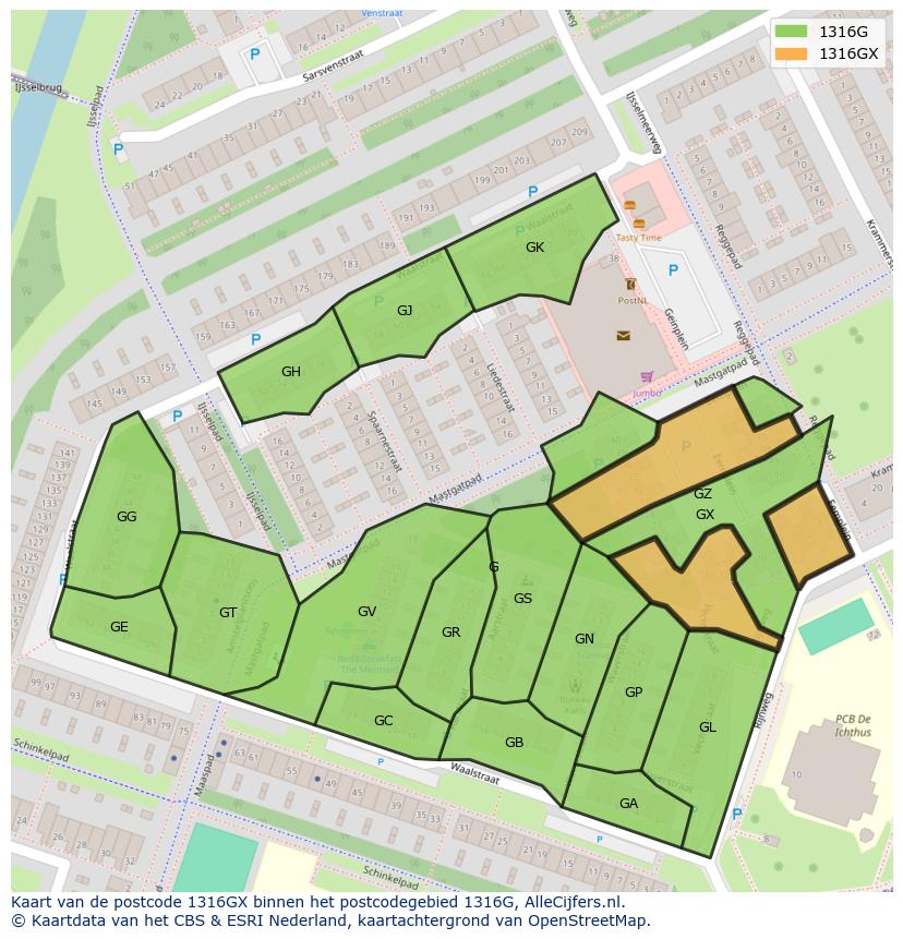 Afbeelding van het postcodegebied 1316 GX op de kaart.