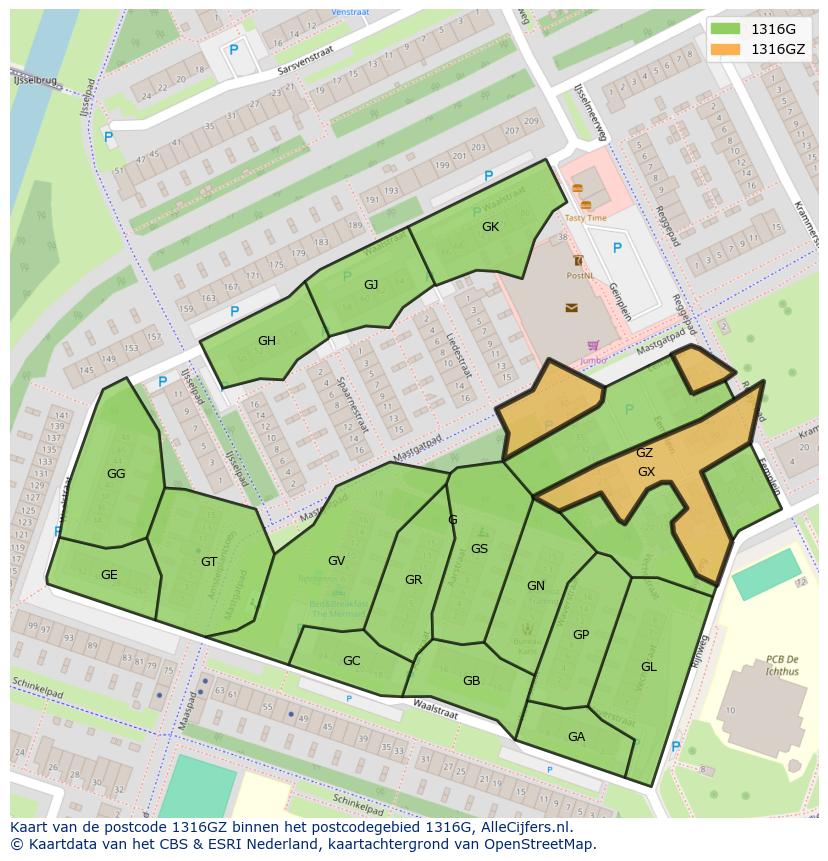Afbeelding van het postcodegebied 1316 GZ op de kaart.
