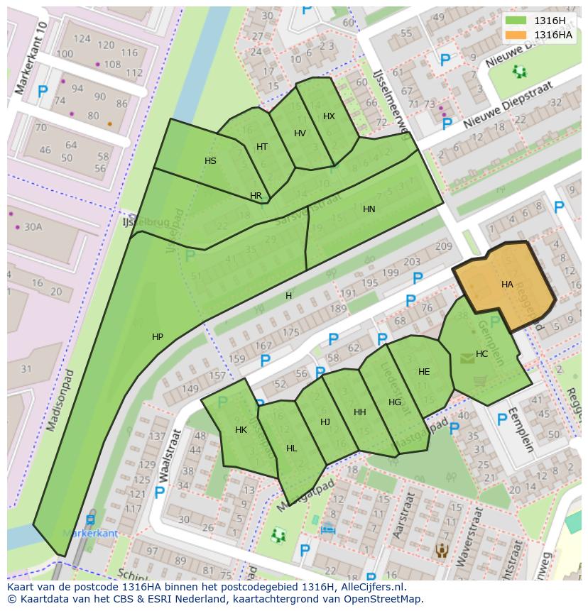 Afbeelding van het postcodegebied 1316 HA op de kaart.