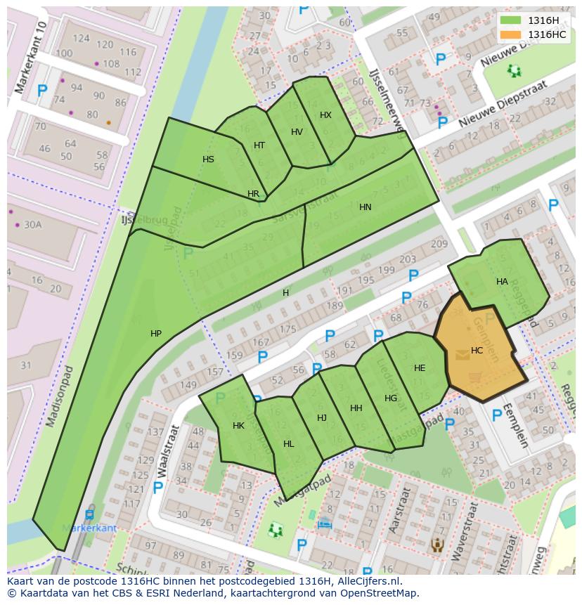 Afbeelding van het postcodegebied 1316 HC op de kaart.