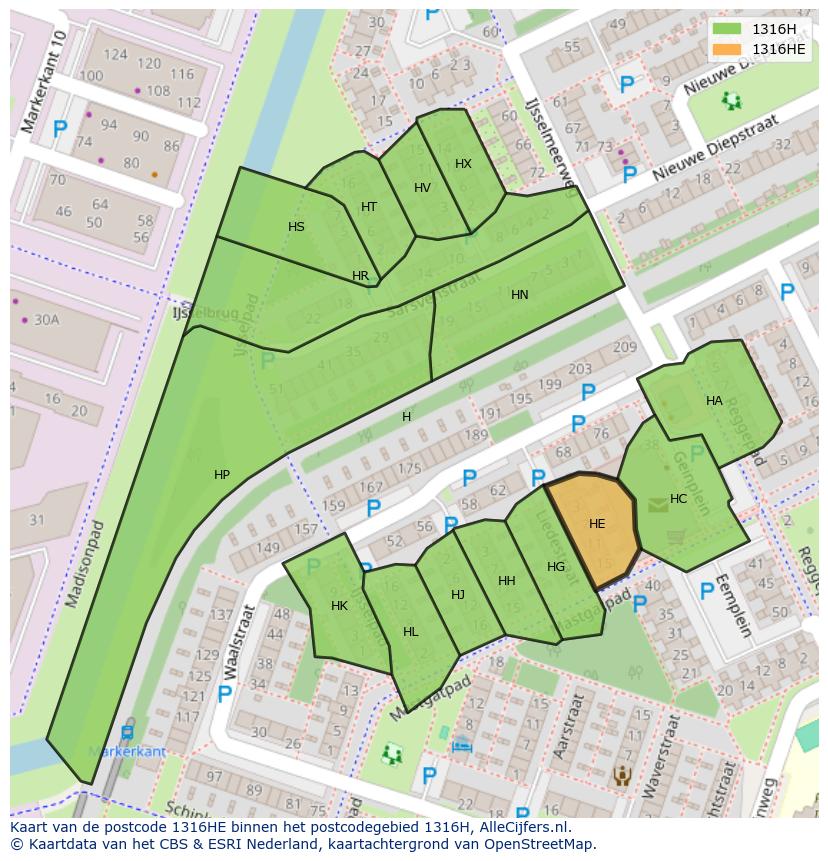 Afbeelding van het postcodegebied 1316 HE op de kaart.