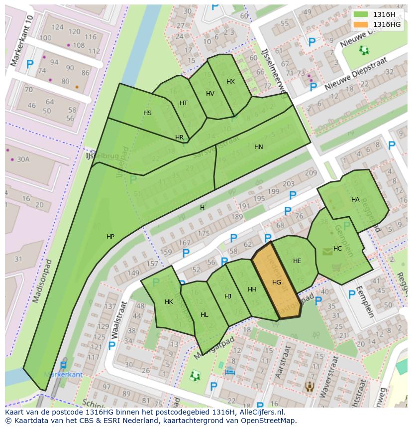 Afbeelding van het postcodegebied 1316 HG op de kaart.