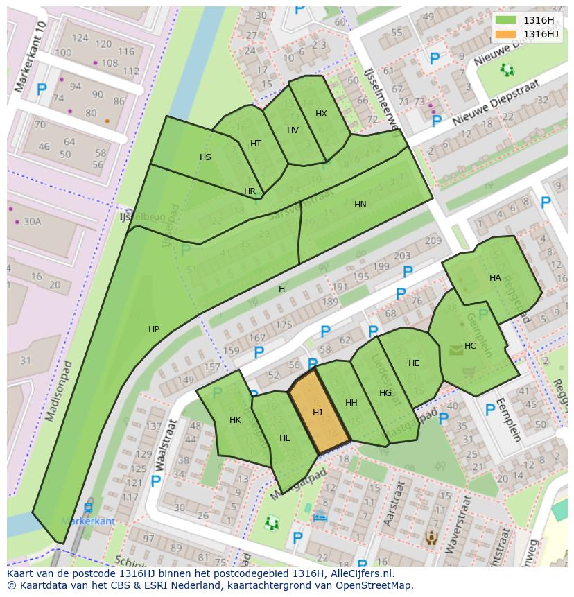 Afbeelding van het postcodegebied 1316 HJ op de kaart.
