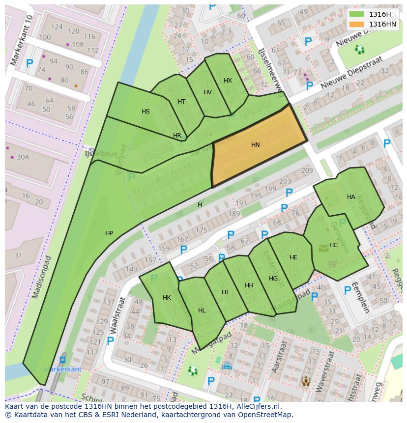 Afbeelding van het postcodegebied 1316 HN op de kaart.