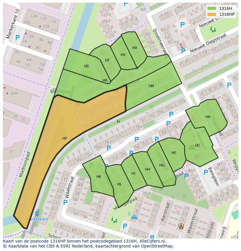 Afbeelding van het postcodegebied 1316 HP op de kaart.