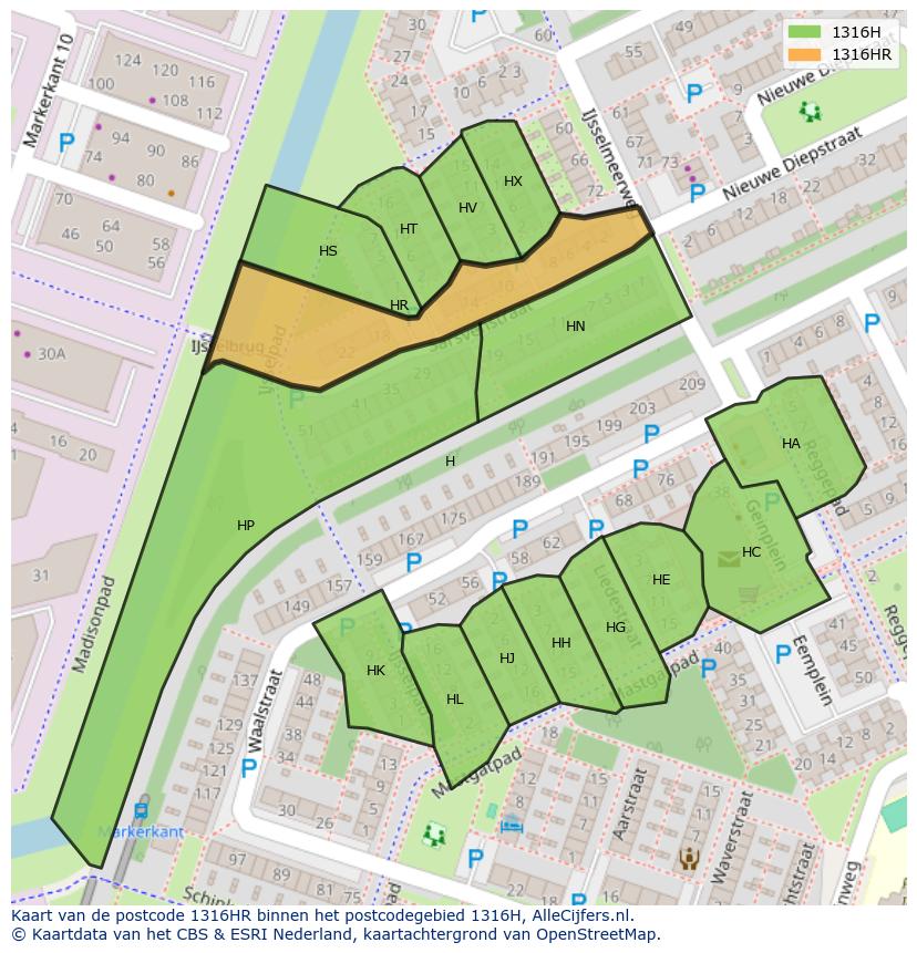 Afbeelding van het postcodegebied 1316 HR op de kaart.