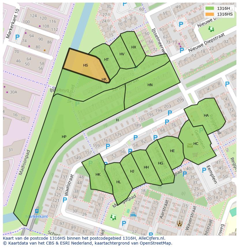Afbeelding van het postcodegebied 1316 HS op de kaart.