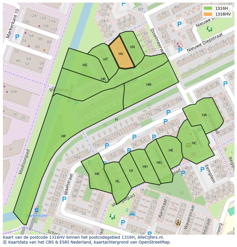 Afbeelding van het postcodegebied 1316 HV op de kaart.