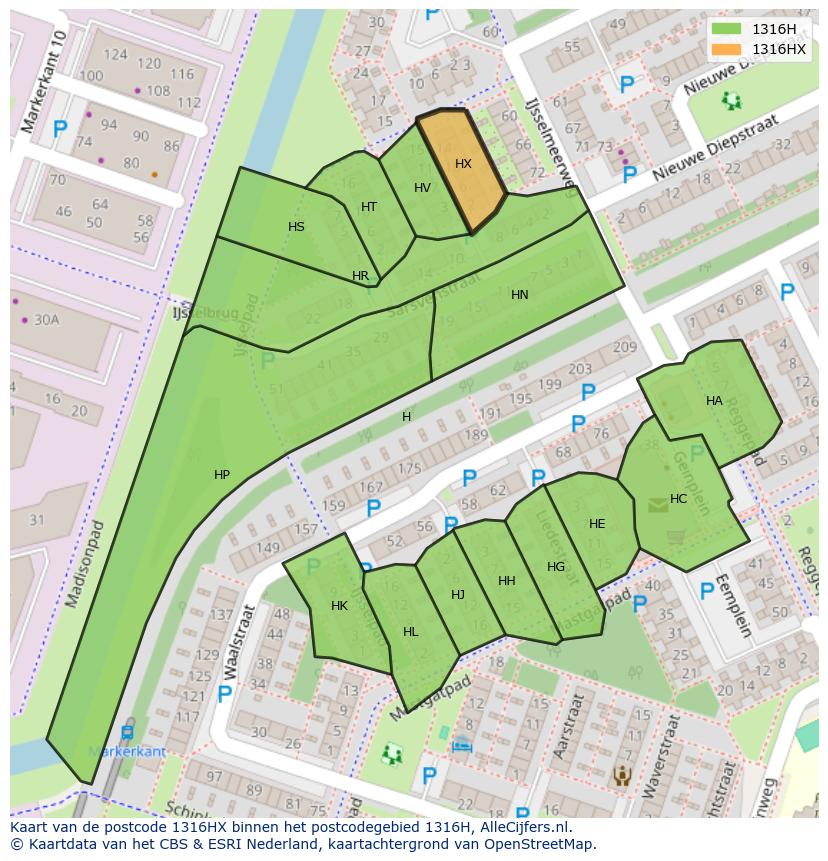 Afbeelding van het postcodegebied 1316 HX op de kaart.