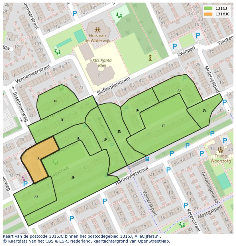Afbeelding van het postcodegebied 1316 JC op de kaart.