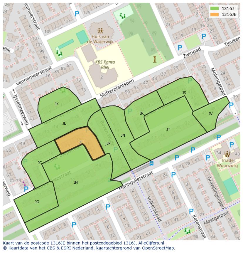 Afbeelding van het postcodegebied 1316 JE op de kaart.