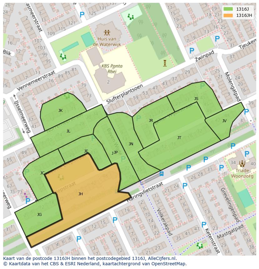 Afbeelding van het postcodegebied 1316 JH op de kaart.