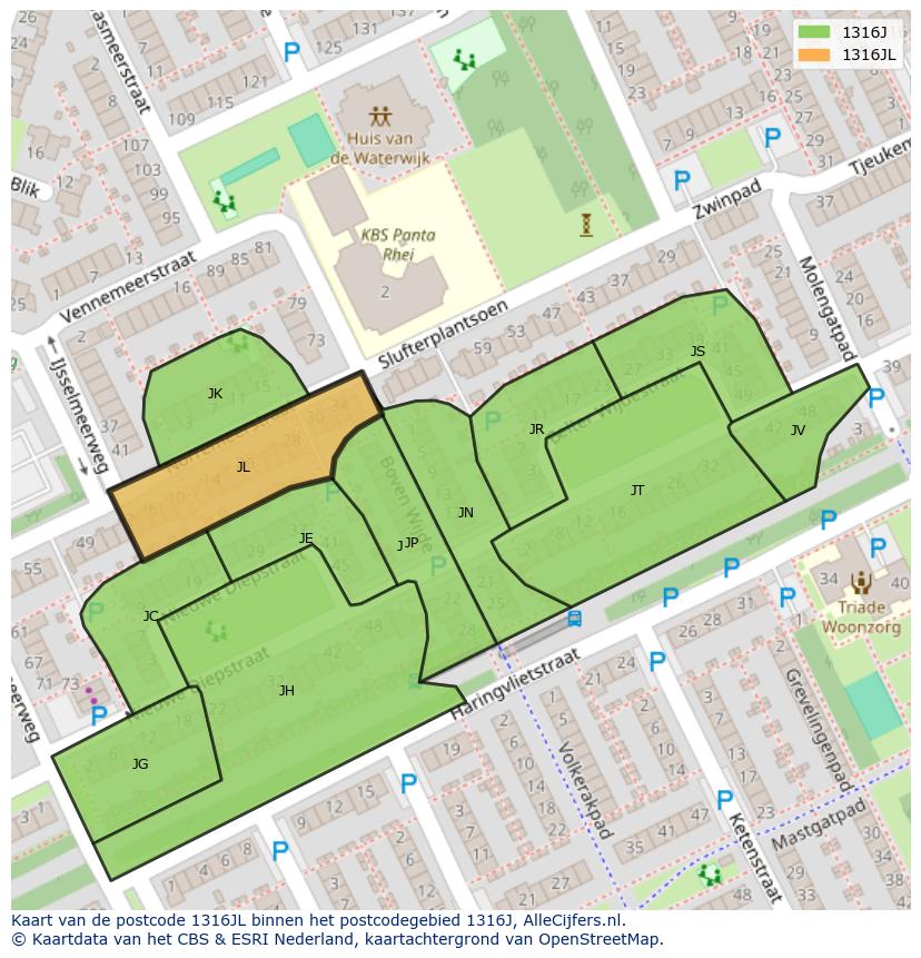 Afbeelding van het postcodegebied 1316 JL op de kaart.