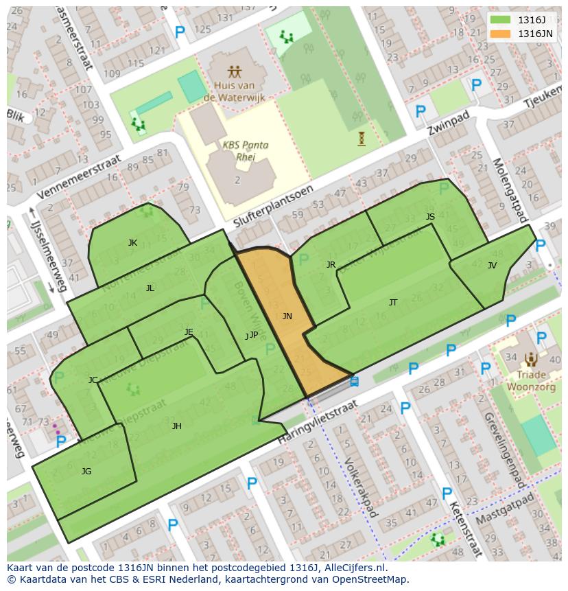 Afbeelding van het postcodegebied 1316 JN op de kaart.