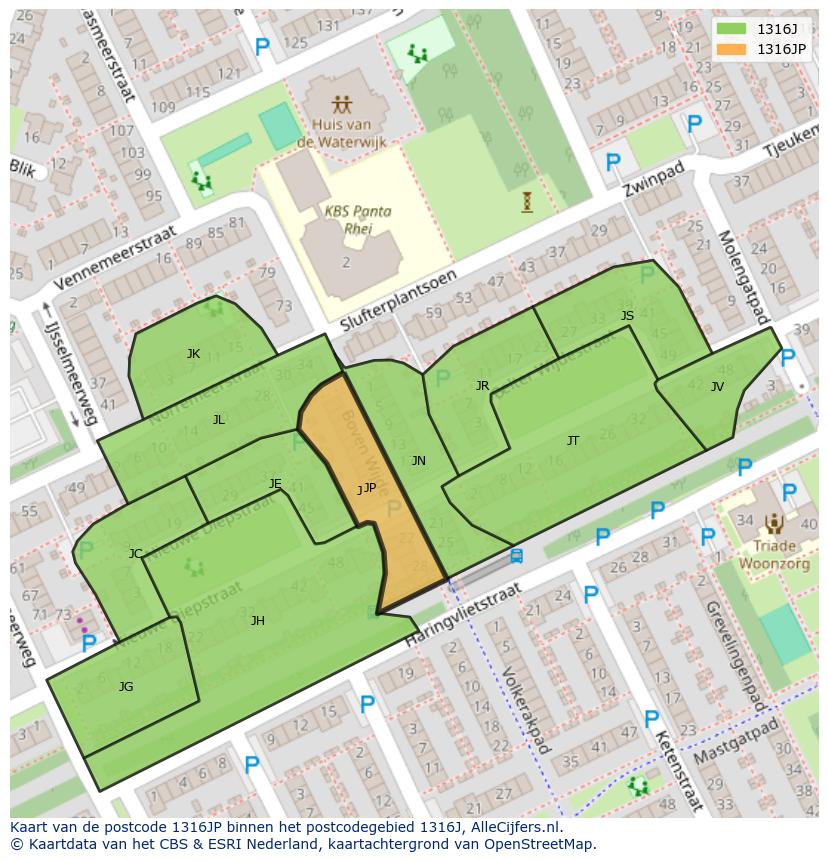 Afbeelding van het postcodegebied 1316 JP op de kaart.
