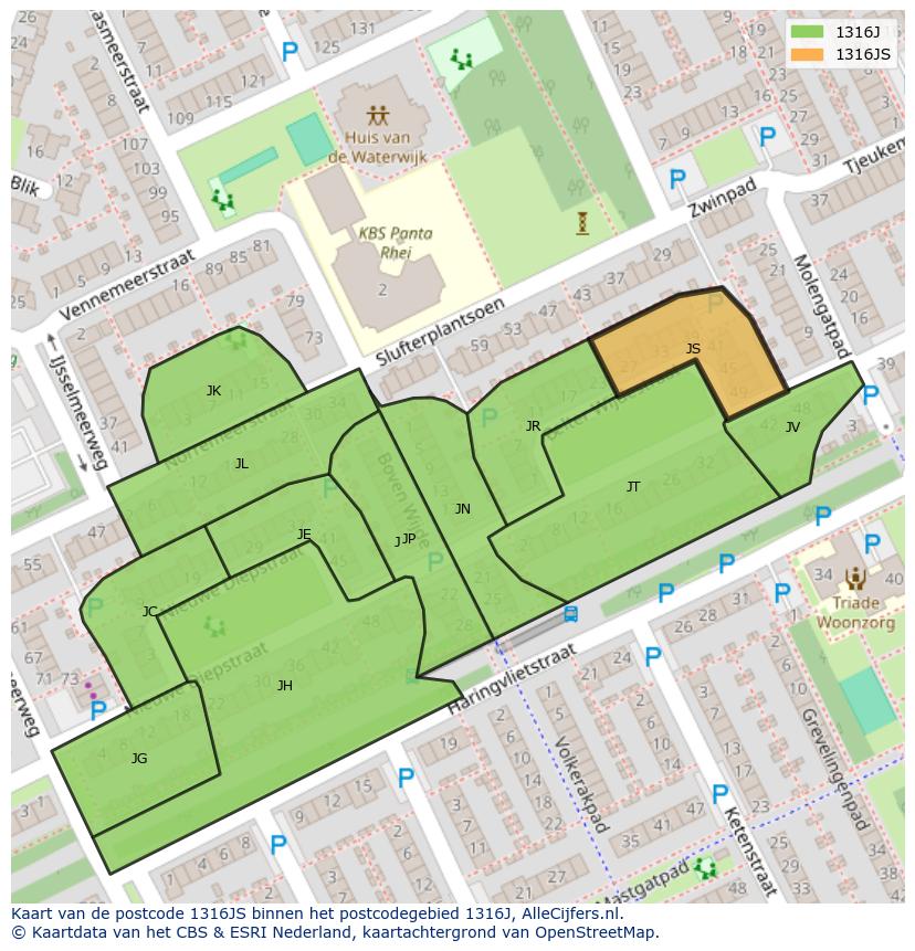 Afbeelding van het postcodegebied 1316 JS op de kaart.
