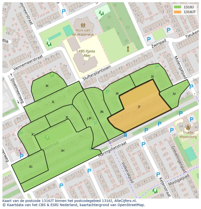 Afbeelding van het postcodegebied 1316 JT op de kaart.