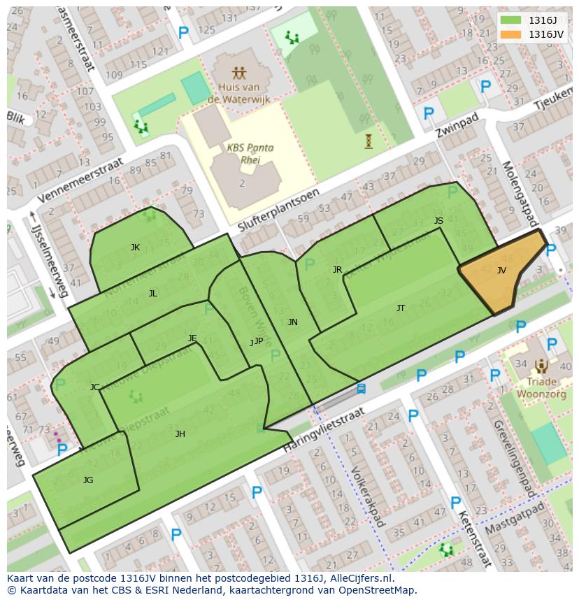 Afbeelding van het postcodegebied 1316 JV op de kaart.