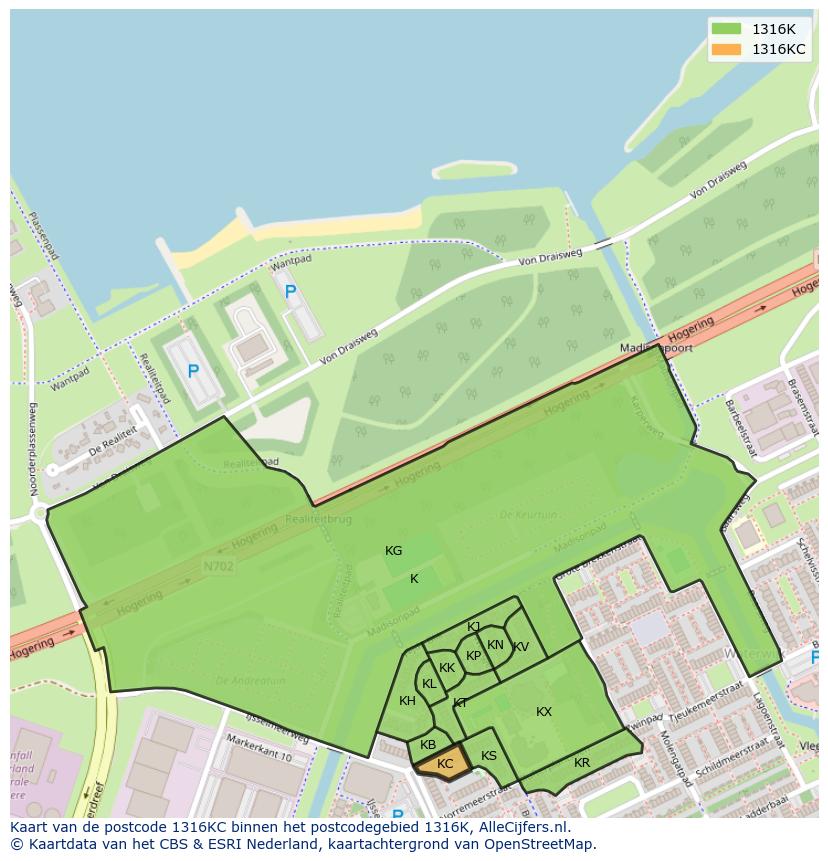 Afbeelding van het postcodegebied 1316 KC op de kaart.