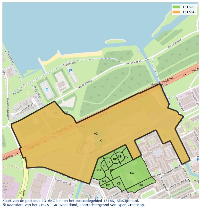 Afbeelding van het postcodegebied 1316 KG op de kaart.