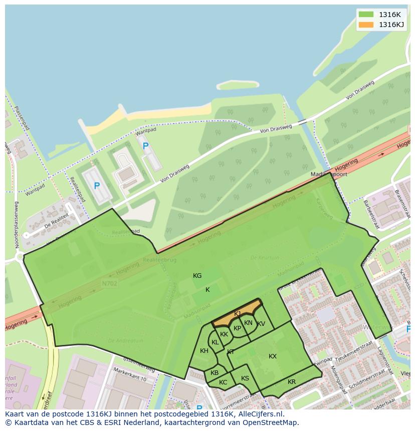 Afbeelding van het postcodegebied 1316 KJ op de kaart.