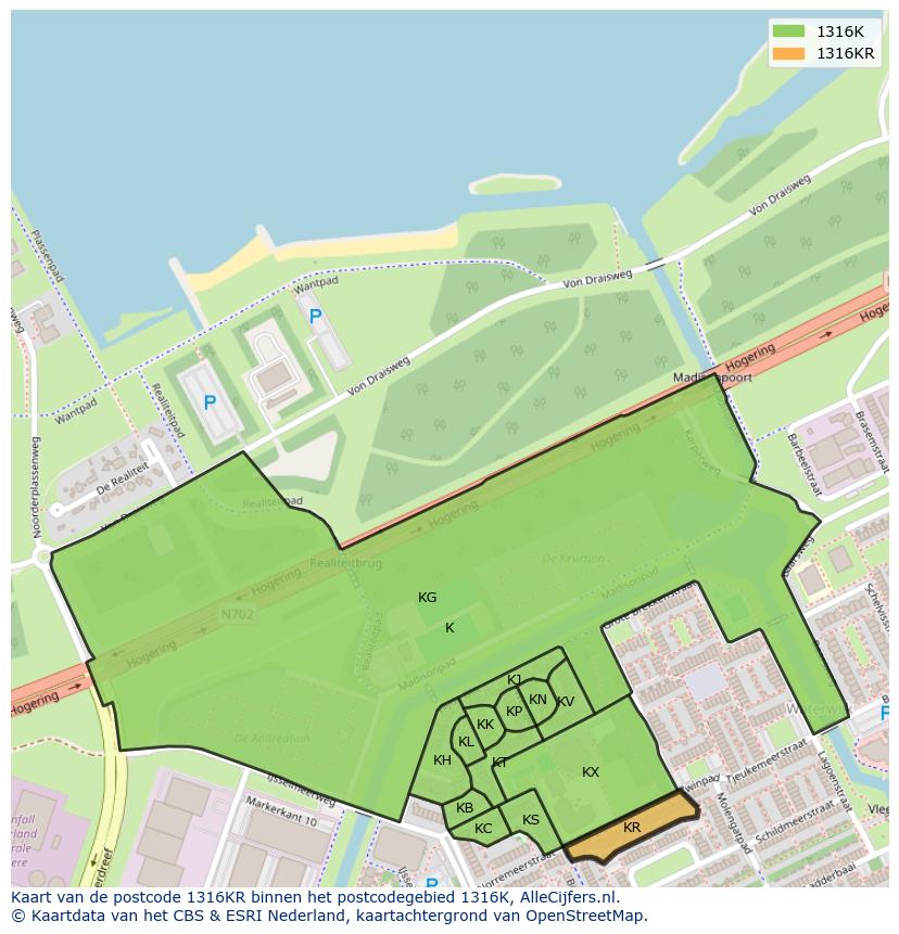 Afbeelding van het postcodegebied 1316 KR op de kaart.