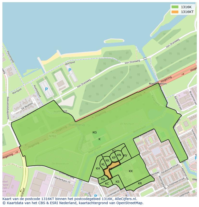 Afbeelding van het postcodegebied 1316 KT op de kaart.