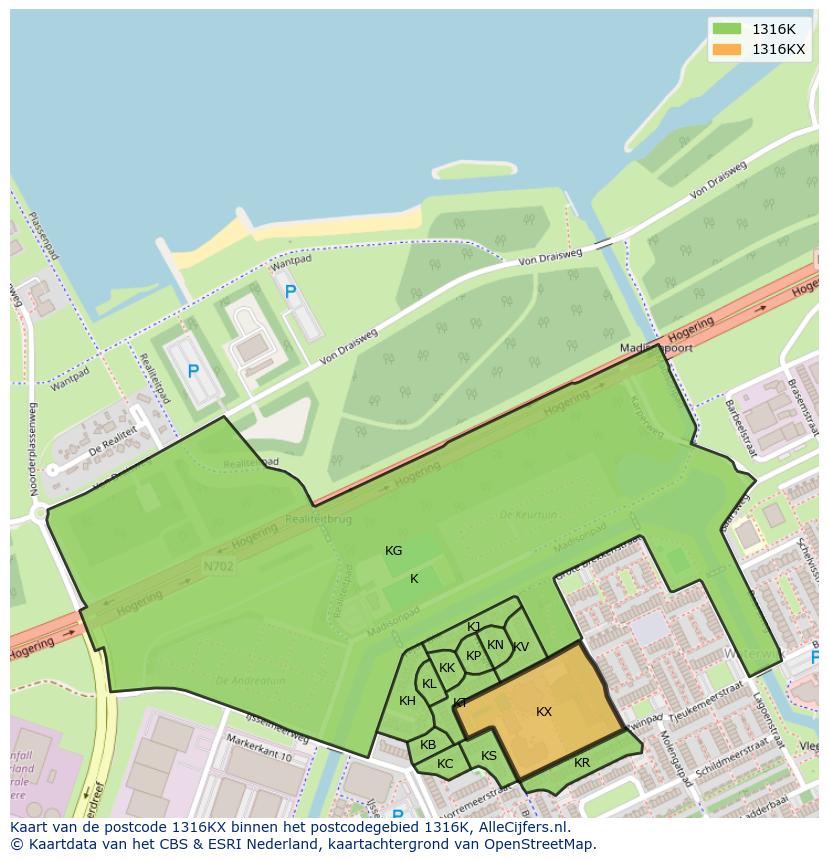 Afbeelding van het postcodegebied 1316 KX op de kaart.