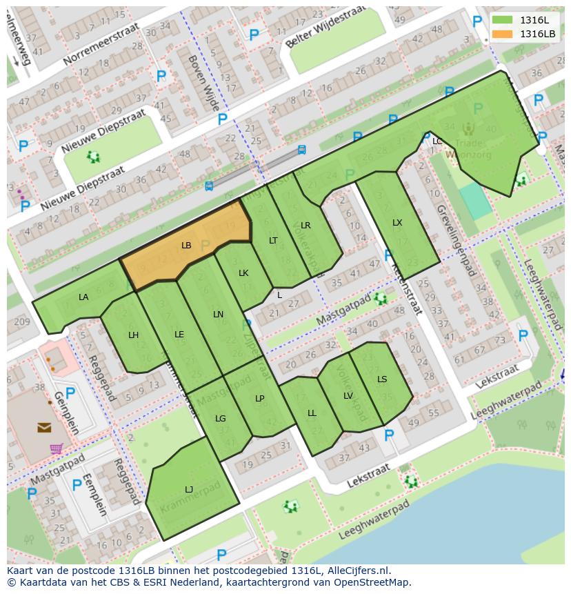 Afbeelding van het postcodegebied 1316 LB op de kaart.