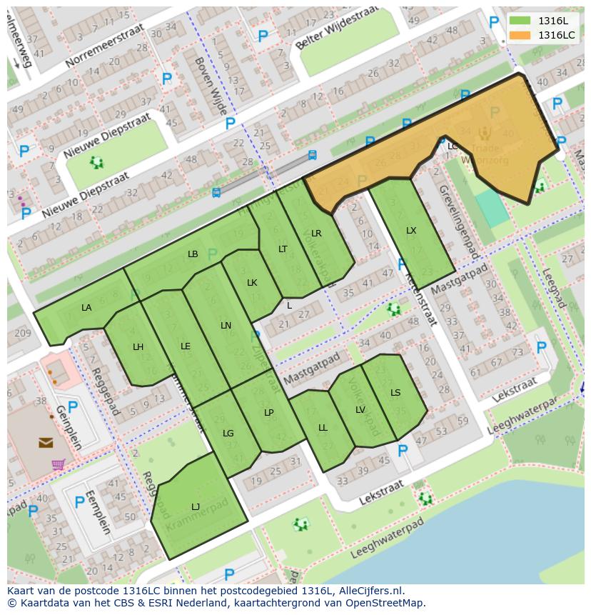 Afbeelding van het postcodegebied 1316 LC op de kaart.