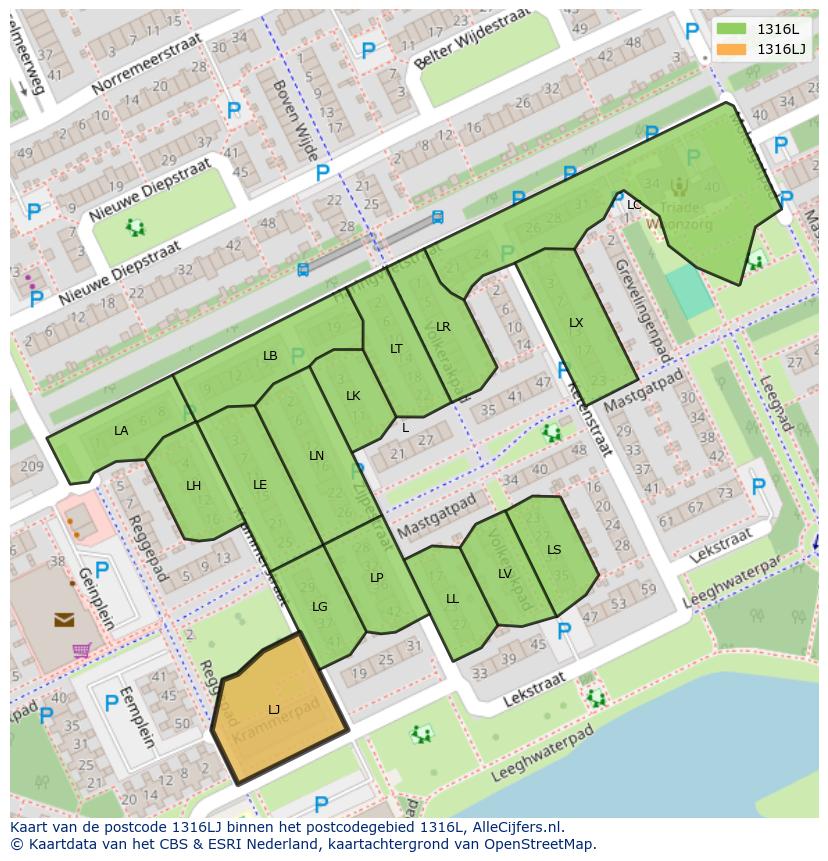 Afbeelding van het postcodegebied 1316 LJ op de kaart.