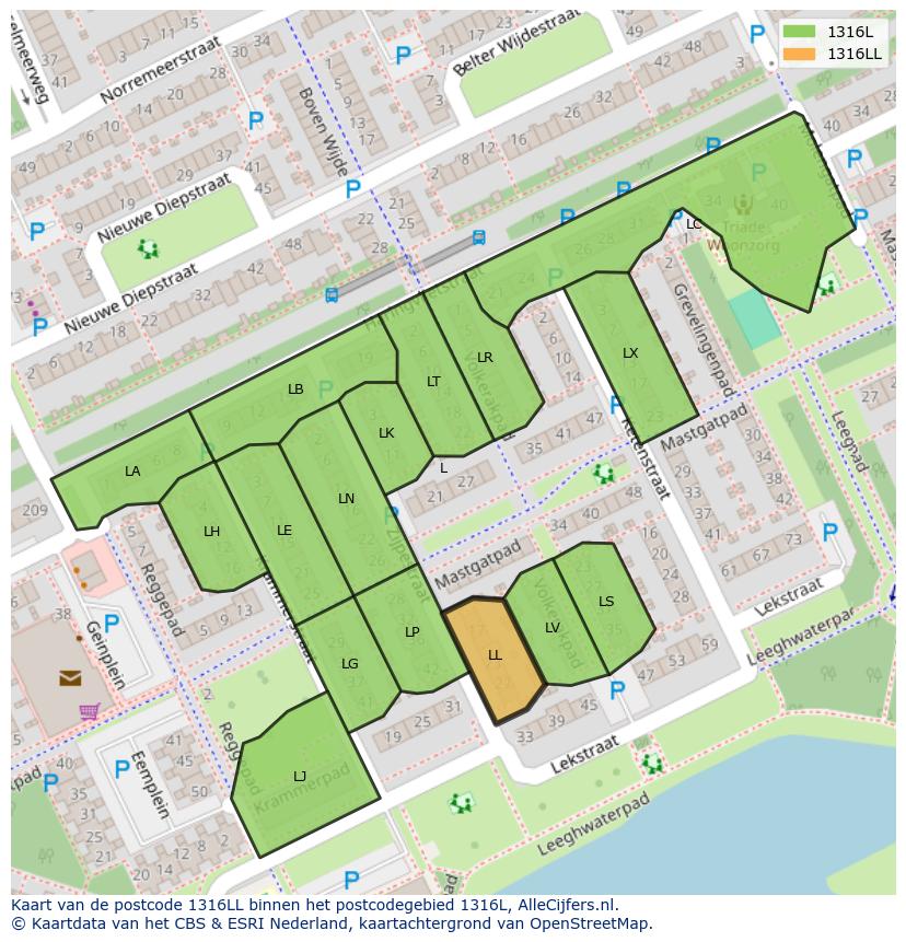 Afbeelding van het postcodegebied 1316 LL op de kaart.