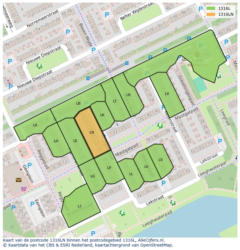 Afbeelding van het postcodegebied 1316 LN op de kaart.