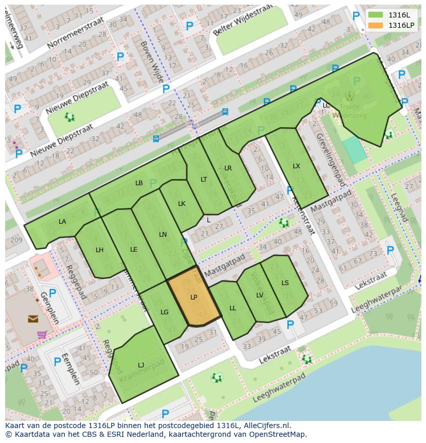 Afbeelding van het postcodegebied 1316 LP op de kaart.