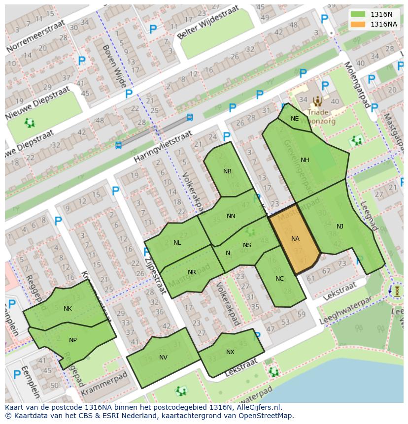 Afbeelding van het postcodegebied 1316 NA op de kaart.