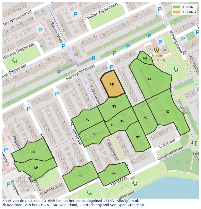 Afbeelding van het postcodegebied 1316 NB op de kaart.