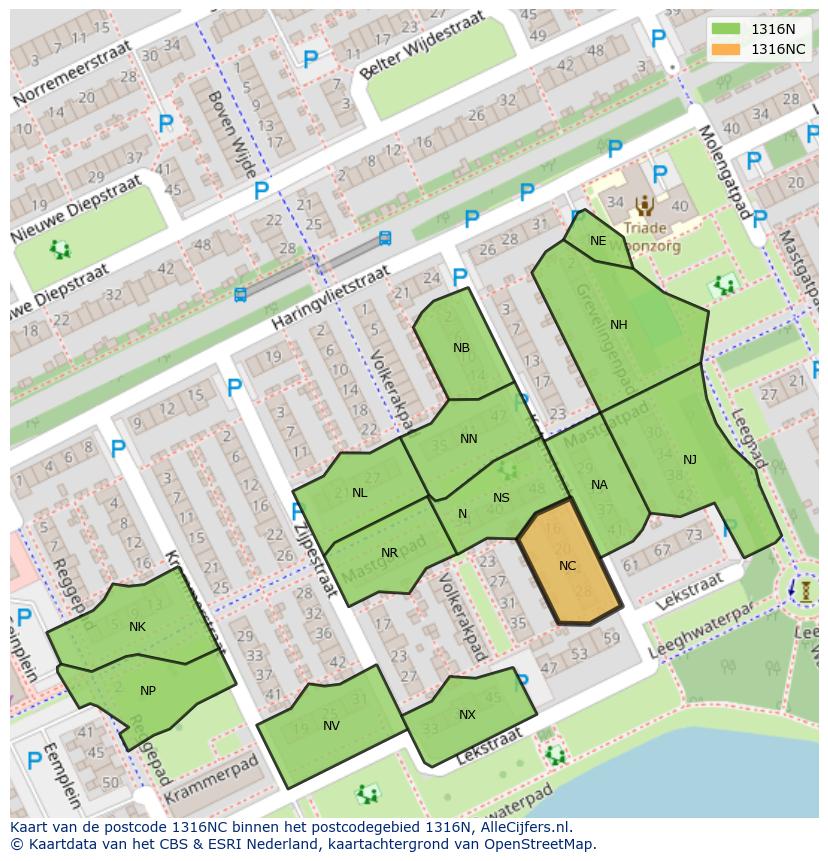 Afbeelding van het postcodegebied 1316 NC op de kaart.