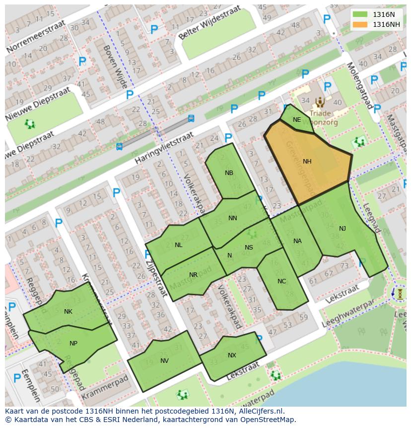 Afbeelding van het postcodegebied 1316 NH op de kaart.
