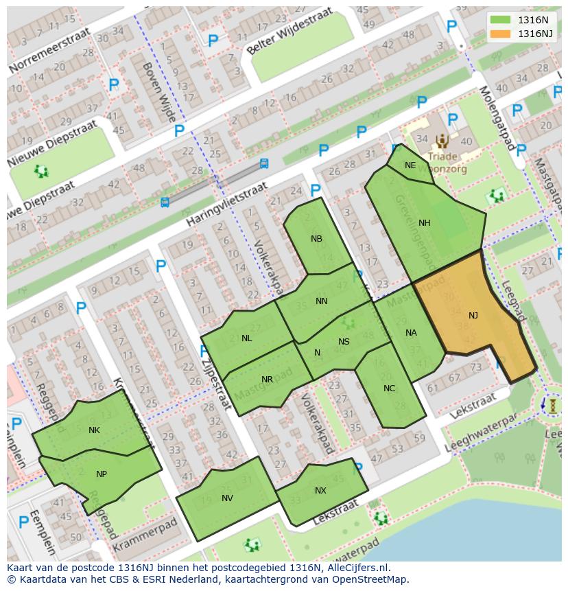 Afbeelding van het postcodegebied 1316 NJ op de kaart.