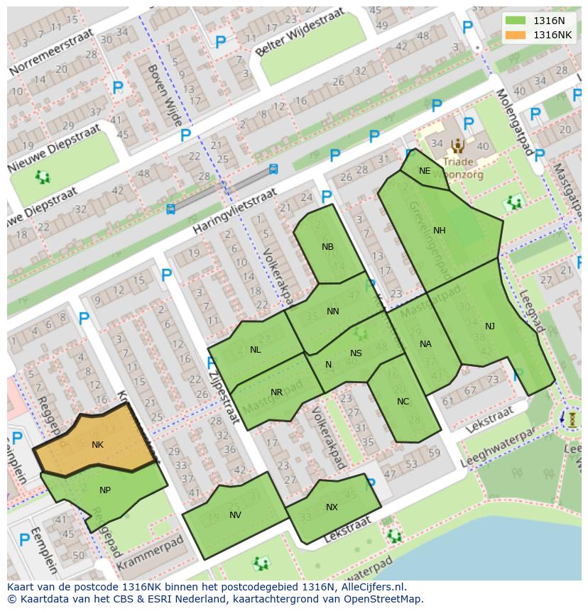 Afbeelding van het postcodegebied 1316 NK op de kaart.