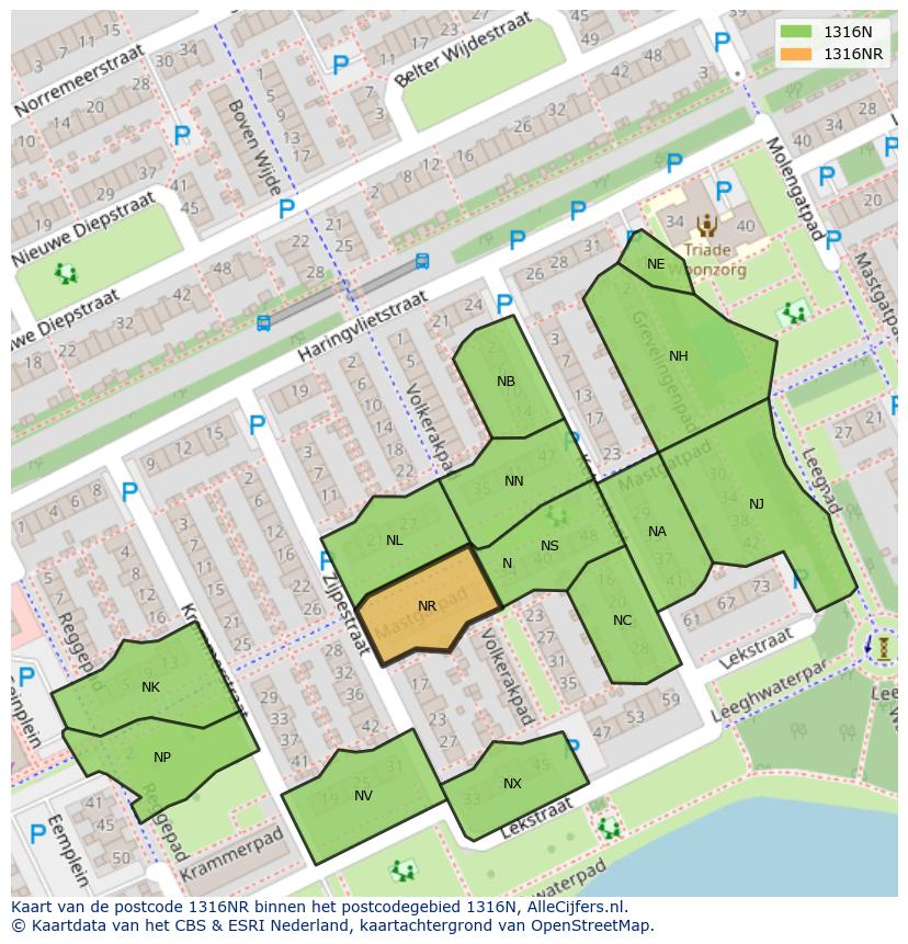 Afbeelding van het postcodegebied 1316 NR op de kaart.